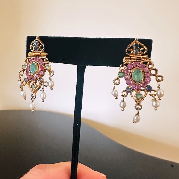 Vintage Estate Luxury Emerald Sapphire Ruby Pearl 24K gold plated Necklace - Picture 6 of 17